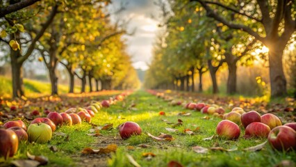 Apples on Grass Path in Autumn Orchard