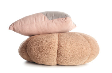 Stylish soft pouf and cushion isolated on white background