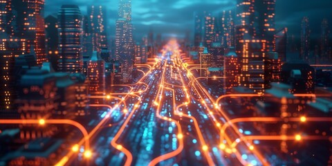 Obraz premium An advanced digital roadmap shown with bright, glowing circuits and pathways, symbolizing the progress and strategic direction in modern technological advancements