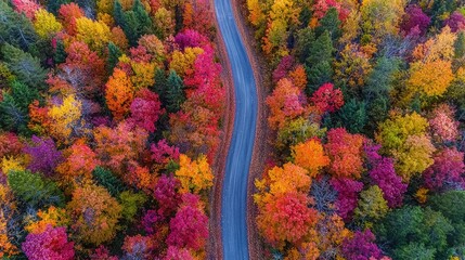 Autumn Forest Aerial View with Winding Road
