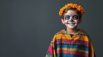 Obraz premium A child wearing colorful attire and vibrant face paint smiles against a gray background, embodying festive cultural traditions.