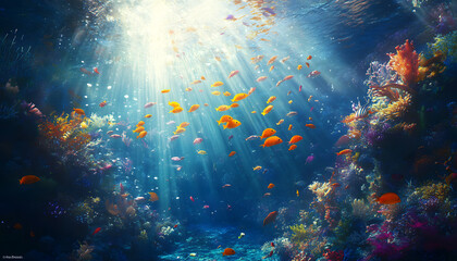 A dreamy underwater scene with schools of colorful fish, corals, and rays of sunlight penetrating through the water’s surface