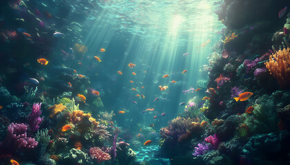 Fototapeta premium A dreamy underwater scene with schools of colorful fish, corals, and rays of sunlight penetrating through the water’s surface