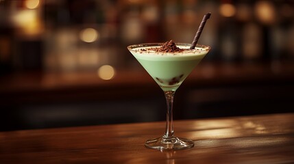 Green Cocktail with Chocolate Garnish in Martini Glass.