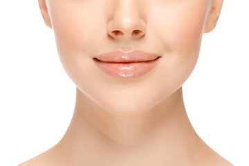 Close-up photo of young anonymous female with beautiful glowing face and neck skin. Woman skincare concept