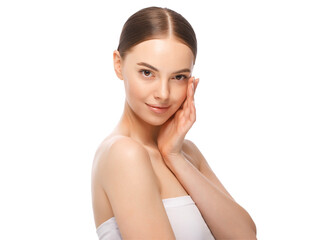Beautiful young woman with hand near face, skin care treatment or cosmetic ads