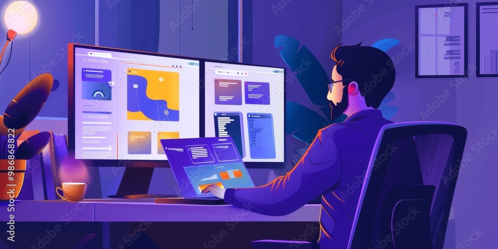 Poster Designer working on a desktop computer with dual monitors, showcasing user interface design, interactive elements, and usability testing results in a modern office space