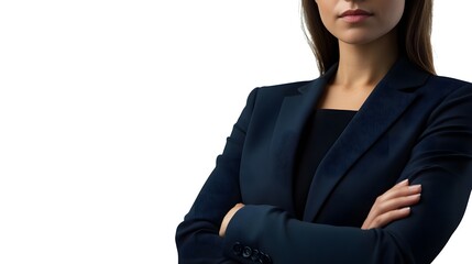 Businesswoman in a suit with crossed arms, isolated on a white transparent background, PNG format.