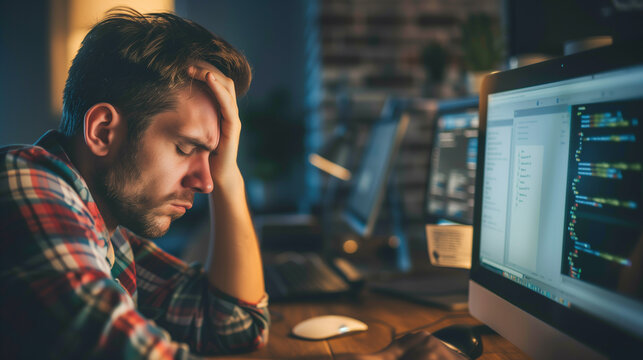 Frustrated IT professional sitting at desk, staring at computer screen filled with error messages during software update. Technical diagrams and code in the background highlight the complexity of the 