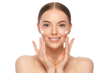 Young beautiful woman with clear skin applying face cream with fingers