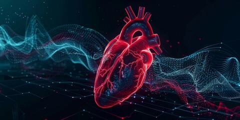 Professional echocardiogram image showing the heart's anatomy with dynamic blood flow patterns and detailed diagnostic overlays for precise cardiac assessment