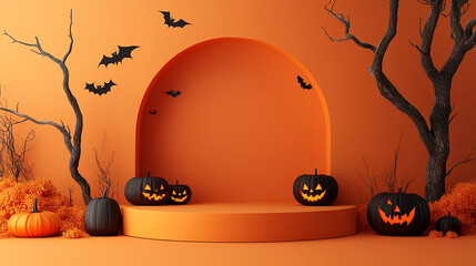 Halloween mystery podium pumpkin product platform scene. Background orange podium 3D render spooky fall, happy halloween mockup.