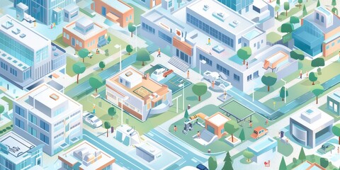 Detailed depiction of a hospital with various departments: pediatric care, emergency room, and ICU, showcasing the critical areas of a healthcare facility and their functions