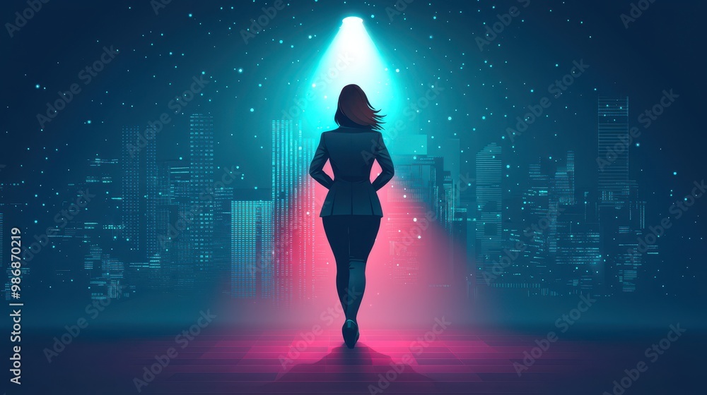 Poster woman walking towards bright future in futuristic cityscape