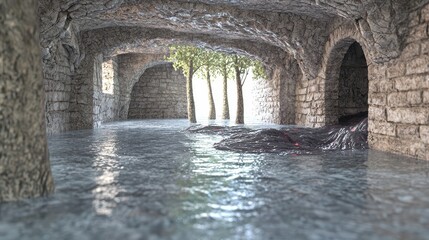 Flooded Stone Cave with Trees and Water Reflection