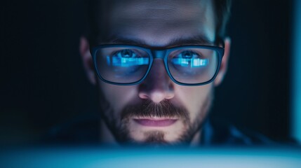 Man Looking at Computer Screen with Glasses Reflection