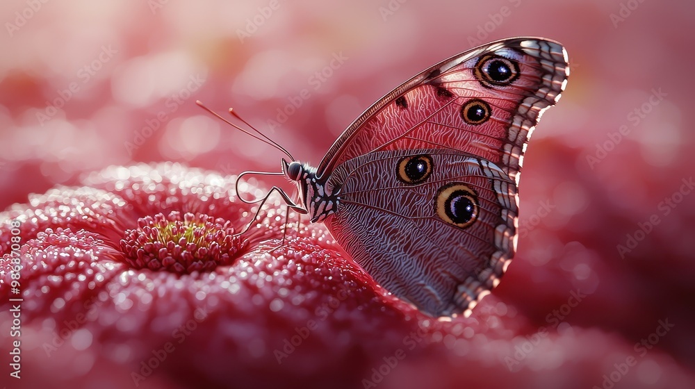 Poster beautiful butterfly on pink flower with dew drops