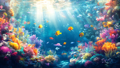 Fototapeta premium A dreamy underwater scene with schools of colorful fish, corals, and rays of sunlight penetrating through the water’s surface