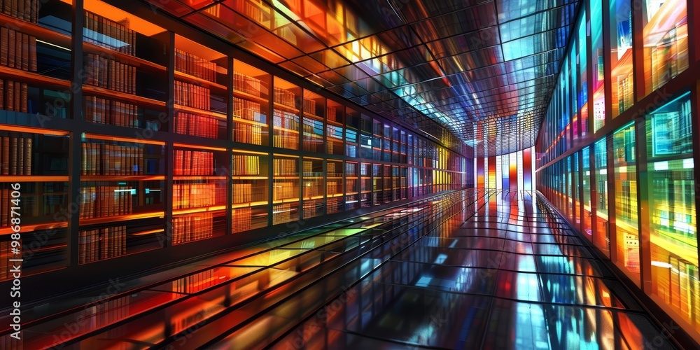 Poster virtual library with a collection of digital book covers displayed in a 3d interactive environment, 