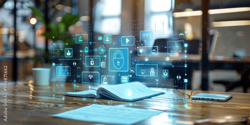 Fototapete Detailed image of a security policy document with digital protection symbols and encryption algorithms, emphasizing measures for secure data handling in a modern office setting