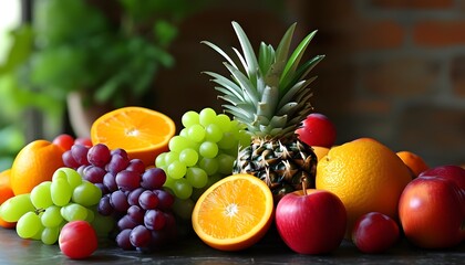 Vibrant display of fresh, juicy fruits including pineapples, grapes, oranges, and apples on a table