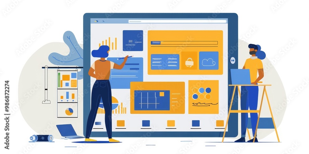 Poster ux designer refining digital prototypes on a tablet, with visible design elements, user feedback, an