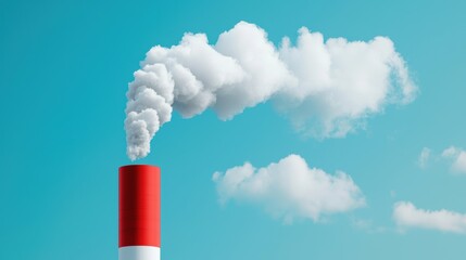 A vivid image of a red chimney emitting white smoke against a bright blue sky, symbolizing pollution and industrial activity.