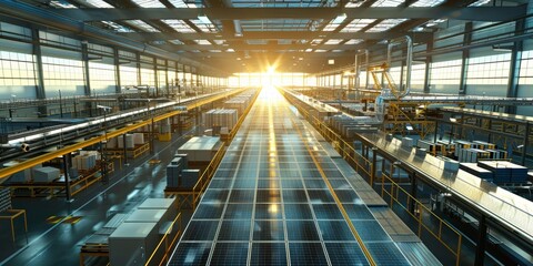 Fototapeta premium A factory setting with solar panels installed on the roof, reflecting sunlight over a busy manufacturing area, demonstrating the use of renewable energy in industry
