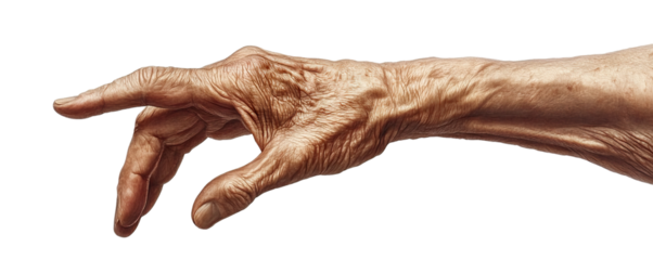 Elderly man's hand pointing forward, isolated on transparent cutout background