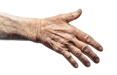 Wrinkled elderly hand reaching out, isolated on transparent cutout background