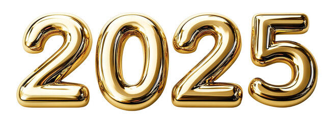 Golden foil balloon numbers forming 2025, isolated on transparent cutout background