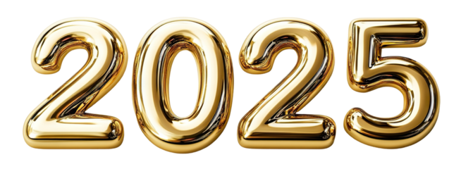 Golden foil balloon numbers forming 2025, isolated on transparent cutout background