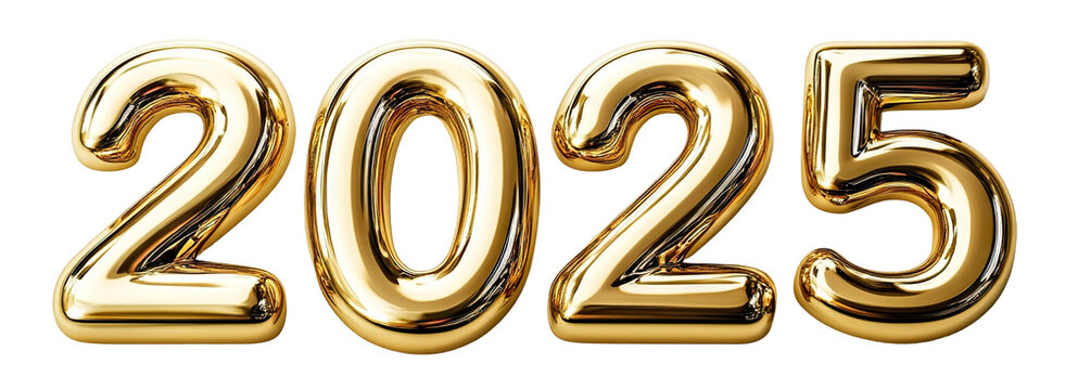 Golden foil balloon numbers forming 2025, isolated on transparent cutout background
