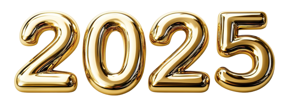 Golden foil balloon numbers forming 2025, isolated on transparent cutout background
