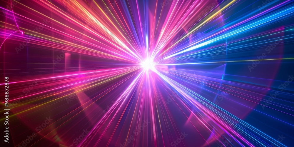 Poster dynamic and vivid laser light effects with intersecting beams in a range of colors, creating a visua