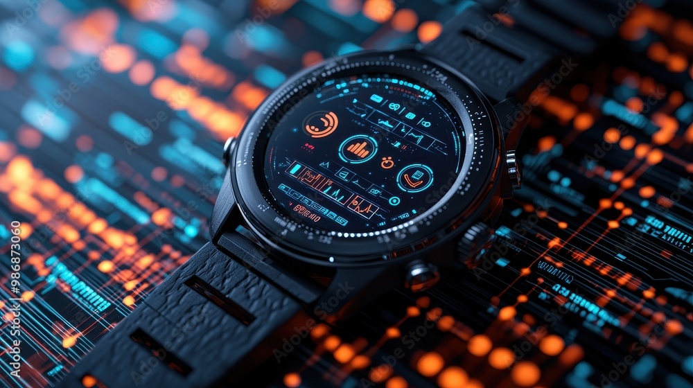 Poster smartwatch with digital interface on abstract circuit board