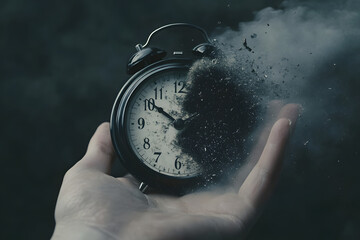 Disintegrating clock in hand symbolizing time slipping away, transient life, lost moments, fleeting time, dust to dust, impermanence, aging, metaphor, ticking clock, life passing by

