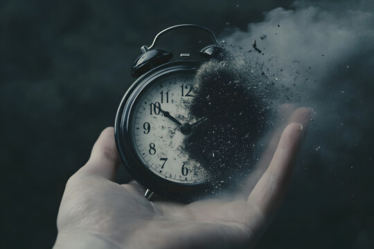 Disintegrating clock in hand symbolizing time slipping away, transient life, lost moments, fleeting time, dust to dust, impermanence, aging, metaphor, ticking clock, life passing by

