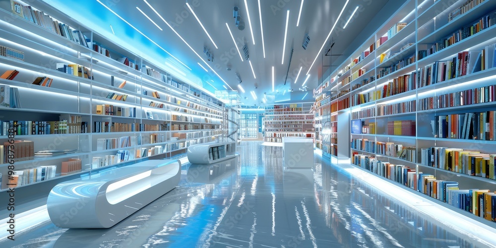 Poster interactive digital library with a diverse selection of e-books, displayed in a sleek, futuristic 3d