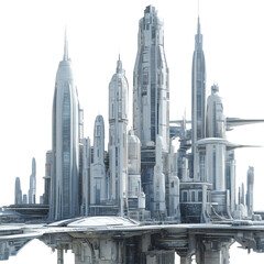 Naklejka premium A city of the future with skyscrapers, flying cars in futuristic attire on a transparent background
