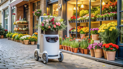 Flower delivery by robot on wheels, at the entrance of a flower shop