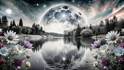 Mystical landscape. River, forest and full moon on the horizon create harmony of nature.