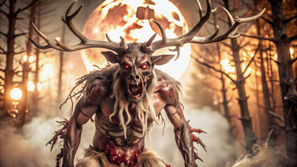 Mythological creature wendigo with large horns in the night forest under the full moon.