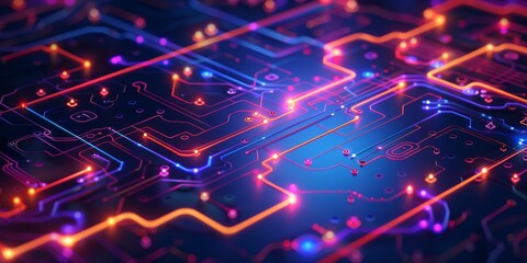 Fototapeta premium A sophisticated digital roadmap illustrated as a glowing circuit diagram with interconnected pathways, showcasing the path to technological evolution and future planning