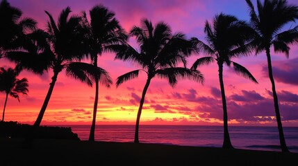 Silhouette of palm trees against a stunning Hawaiian sunset