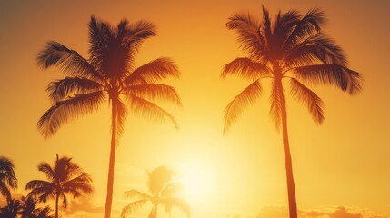 Obraz premium Silhouettes of palm trees against a glowing Hawaiian sunset