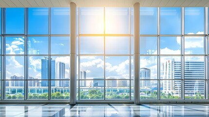 Clear daylight view through large windows showcasing a modern city skyline with a bright blue sky.