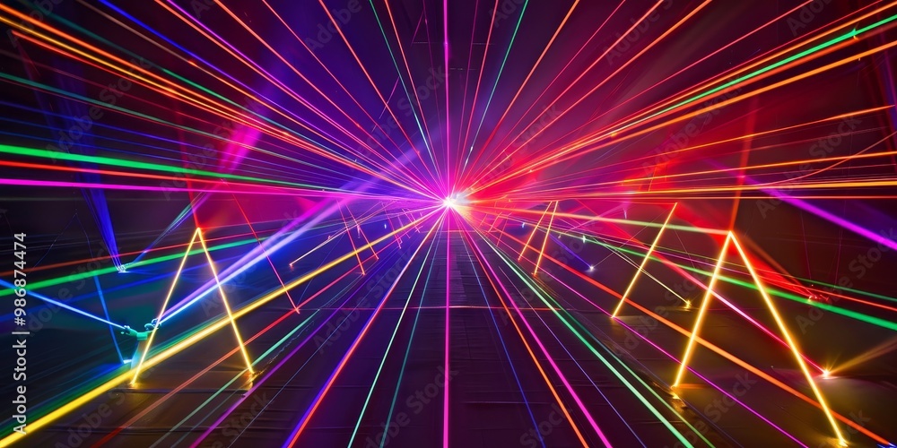 Poster mesmerizing display of colorful laser lights with intersecting beams and vivid hues, creating an ene