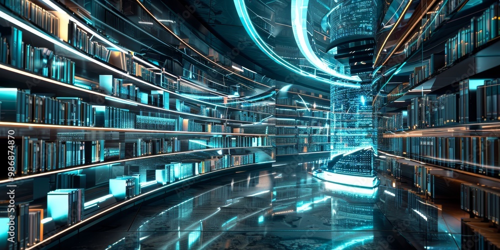 Poster interactive digital library with a diverse selection of e-books, displayed in a sleek, futuristic 3d