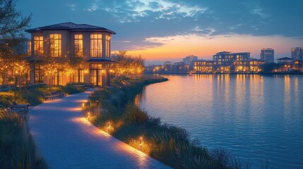Illuminated Pathway by the Lake at Dusk